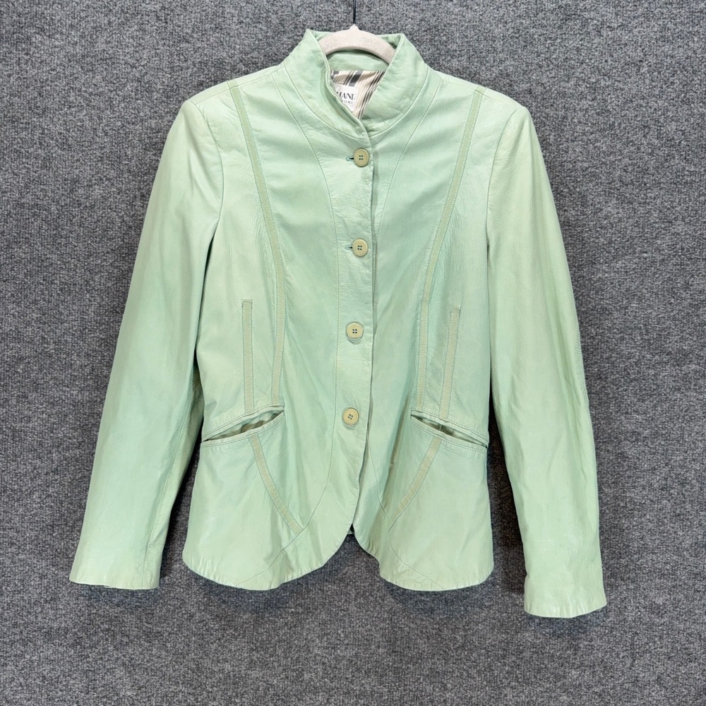 Armani Collezioni Jacket Womens 10 Mint Green Lambskin Leather Mock Neck Blazer